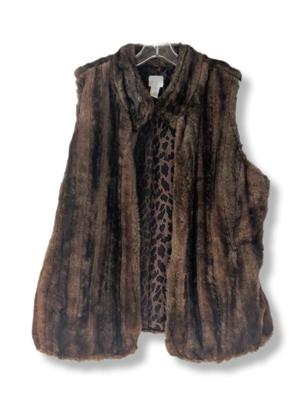 Chico's Brown Faux Fur Open Front Leopard Print Lined Vest